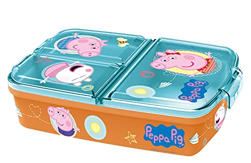 P:os 32805 - Brotdose mit Peppa Pig Motiv und 3 Fächern mit Clip-Verschluss, dreigeteilte, bunte Lunchbox für Kinder, ca. 14 x 18,5 x 5,5 cm groß, aus Kunststoff, bpa- und phthalatfrei - 1