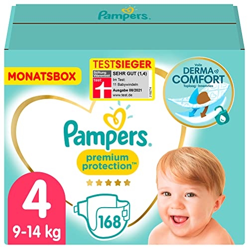 Pampers Baby Windeln Größe 4 (9-14kg) Premium Protection, Maxi, 168 Stück, MONATSBOX, bester Komfort und Schutz für empfindliche Haut - 1